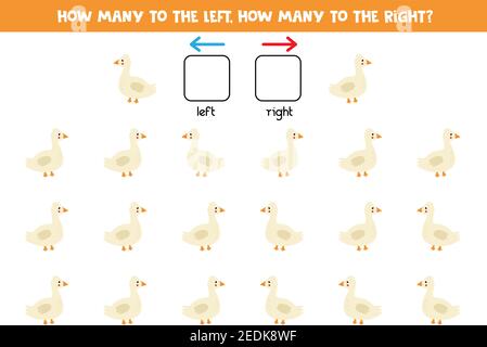 Links oder rechts mit niedlichen Cartoon Gans. Pädagogisches Spiel, um links und rechts zu lernen. Stock Vektor