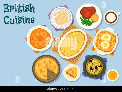 Britische Küche Mittagsmenü Ikone mit Lamm Gemüsesuppe, Roastbeef mit yorkshire Pudding, Rindfleisch Nierenkuchen, Kartoffelkohlauflauf mit Eiern, Milch Stock Vektor