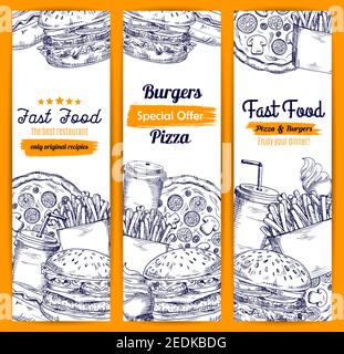 Fastfood-Banner. Vector Burger und Pizza, Cheeseburger und pommes frites, Hot Dog, Hamburger und Popcorn, Eis mit Donut Dessert, Soda trinken a Stock Vektor