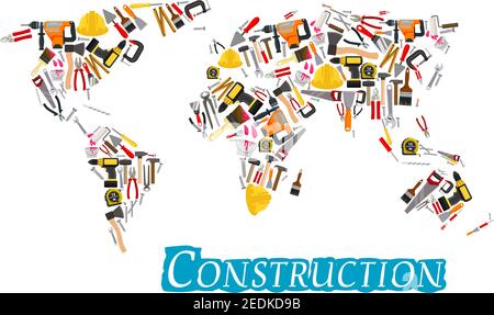 Arbeitswerkzeuge Weltkarte von Vektor-Reparatur-Hammer und Säge, Schreinerei Maßband Lineal und Helm, Bohrer oder Schraubenschlüssel und Schraubendreher, Gipskelle Stock Vektor