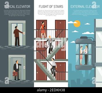 Drei Rolltreppen vertikale Banner Set mit typischen Aufzug Flug Von Treppen und externen Aufzug Beschreibungen Vektordarstellung Stock Vektor