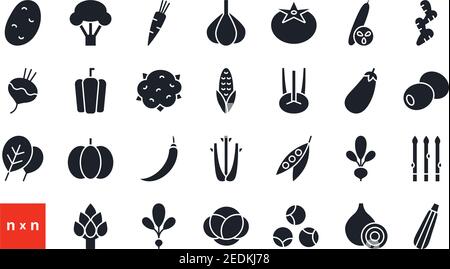 Satz von Vektorsymbolen. Gemüse. Schwarze isolierte Silhouette. Symbol „Füllstoff“, Glyphe. Modernes Design. Gesunde Lebensmittel und Vitamine Stock Vektor
