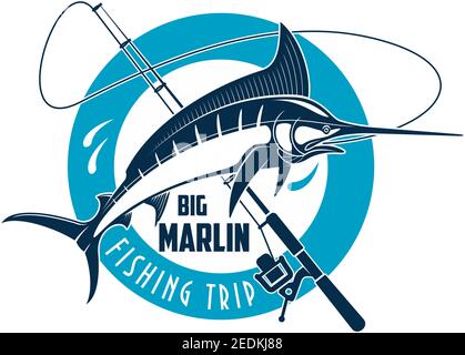 Marlin Fischerei Sport Emblem. Marlin Fisch auf einer Spinnrute runden Abzeichen für Seefischereiausflug, Camp oder Sportverein Symbol Design Stock Vektor