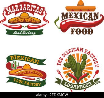 Mexikanische Küche Vektor-Symbole von Sombrero Hut, Chili-Pfeffer Jalapeno und Agave Kaktus Symbole für Mexiko Fast-Food-Snacks von Burrito, Tacos oder Tortilla Stock Vektor