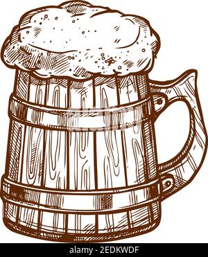 Vektorsymbol für Bierglas-Becher. Skizzierte schaumige Ale oder Lager und Bier vom Fass in alten Holzkrug. Isoliertes Emblem für Bierbar und Brauhaus oder Pub, bre Stock Vektor