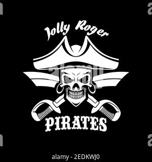 Jolly Roger Pirat Symbol oder Vektor schwarze Flagge oder Poster. Piraterie Symbol Skelett Schädel in Tricorn oder Tricorne Kapitän Matrosenhut und gekreuzten Schwertern Stock Vektor