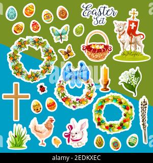 Osterfeiertag Aufkleber Set. Osterei, Kaninchenhase, Huhn, Küken, Lamm Gottes, Korb mit Ei, Osterkranz mit Ei, Frühlingslilie Blume und Wil Stock Vektor