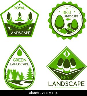 Landscape Design Service Vektor Symbole oder Embleme Set. Für Haus oder Garten Grünpflanzen und Bäume Architektur oder Umwelt bauen oder Gartenbau und Stock Vektor