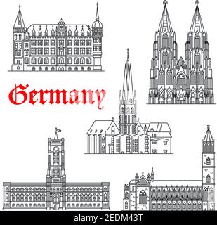 Deutsche Sehenswürdigkeiten und Sehenswürdigkeiten der Vektor Magdeburg und Köln Dom oder Köln Dom, Lambertus Kirche oder Basilika, Rathaus, Rotes Rathaus Stock Vektor