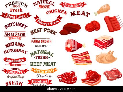 Fleisch Produkte Symbole Set und Vektor isolierte Band Banner für Metzgerei oder Metzgerei Schild Abzeichen. Vom Bauernhof angebautes Rinderfilet Filet oder Lendenfilet, Stock Vektor