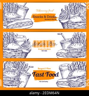 Burger und Fast-Food-Sandwiches Vektor Skizze Banner von Hot Dog Hamburger und Cheeseburger, pommes frites und Pizza Mahlzeit Snacks, Kaffee und Soda drin Stock Vektor