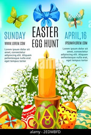 Ostereierjagd Feier Poster oder Einladung Flyer Vorlage Design. Verzierte Ostereier mit Maiglöckchen Blumen und Kerze, ergänzt Stock Vektor