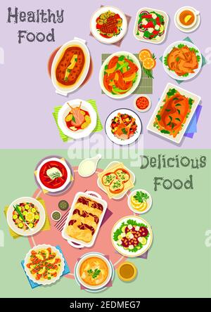 Herzhafte Gerichte Icon Set mit Gemüse, Obstsalat mit Käse, Fisch und Nuss, Fisch Cupcake, gebackenes Huhn, Rind, Schweinefleisch Hackbraten mit Gemüse und Obst Stock Vektor