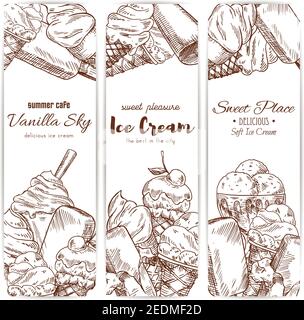 Eis Skizze Banner Set für Café, Gelateria oder Restaurant. Vector süß fruchtige Eis Desserts weiches Eis in Wafer-Kegel, glasiert eskimo wit Stock Vektor