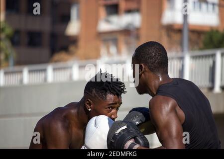 Professionelle Black Boxer trainiert Black Boxer Anfänger mit Fäustlingen und Boxhandschuhen an einem sonnigen Tag eine Outdoor Boxklasse, während sie beide schwitzen. Stockfoto