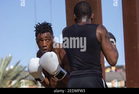 Professionelle Black Boxer trainiert Black Boxer Anfänger mit Boxhandschuhen einen Outdoor Boxkurs an einem sonnigen Tag, während sie beide schwitzen. Boxkonzept. Stockfoto