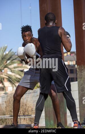 Professionelle Black Boxer trainiert Black Boxer Anfänger mit Boxhandschuhen einen Outdoor Boxkurs an einem sonnigen Tag, während sie beide schwitzen. Boxkonzept. Stockfoto