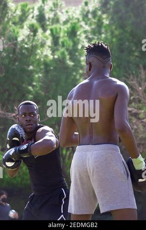 Professionelle Black Boxer trainiert Black Boxer Anfänger mit Boxhandschuhen einen Outdoor Boxkurs an einem sonnigen Tag, während sie beide schwitzen. Boxkonzept Stockfoto