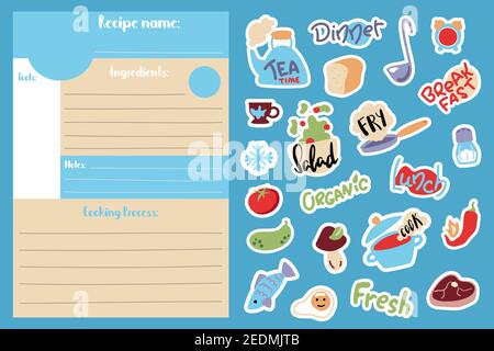Cartoon Rezept Karte Vorlage und Lebensmittel Kochen Aufkleber. Cook Buchseite vertikal Format A5 Größe. Kinder Kochkurs Rezept Vorlage mit Schriftzug Symbol Stock Vektor