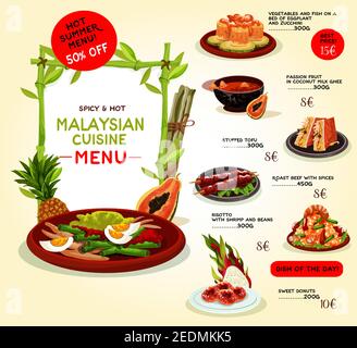 Malaysische Küche Restaurant Menüvorlage. Asiatisches Spezialangebot mit gegrilltem Rindfleisch, Risotto mit Meeresfrüchten, gebackenem Fisch mit Gemüse, tropischem Obst de Stock Vektor