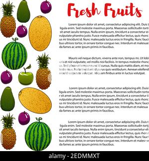 Obst-Banner oder Poster mit Informationen zur Ernährung von Früchten mit Ananas, Melone und Wassermelone, exotischen tropischen Avocado oder Birne, Apfel und Pflaume. Ve Stock Vektor