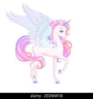 Schönes geflügeltes Einhorn mit rosa Mähne. Vektorgrafik. Stock Vektor