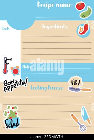 Rezept Karte Vorlage Vektor-Illustration in A5 Größe, vertikales Format. Kochbuch für Kinder Kochkurs oder Schule. Spielerisch Cartoon Kochbuch Vorlage wi Stock Vektor