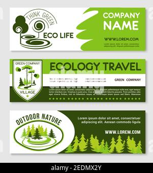 Öko-Tourismus und Green Travel Banner Template-Set. Naturlandschaft Schild und runde Abzeichen mit Wald Bäume, Pflanzen und Text-Layout. Ökologie, Respons Stock Vektor