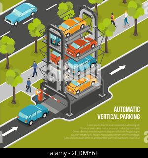 Parkplakat oder Flyer mit automatischem vertikalem Parkplatz In der Stadtvektordarstellung Stock Vektor