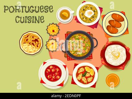 Portugiesische Küche beliebte Gerichte Ikone mit Fischkartoffelschnitzel, gebackener Fisch in Sahne-Sauce, Tomaten Kabeljau-Suppe, Brotsuppe mit Ei, gefüllte Tintenfisch, Pudar Stock Vektor