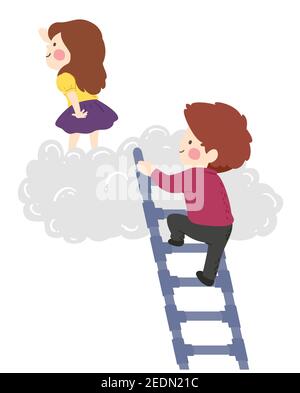 Illustration eines Kid Girl suchen irgendwo auf einem stehen Wolke mit einem Kind Junge gehen eine Leiter gemacht Wasserpfeife Spielzeug Stockfoto