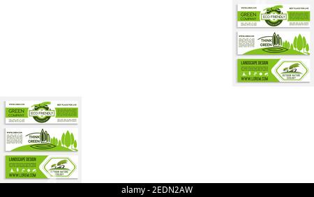 Ökologie Banner Vorlage für Green Business und umweltfreundliche Unternehmen Poster, Landschaftsdesign Studio Flyer. Grüner Baum Natur Landschaft Symbole mit te Stock Vektor