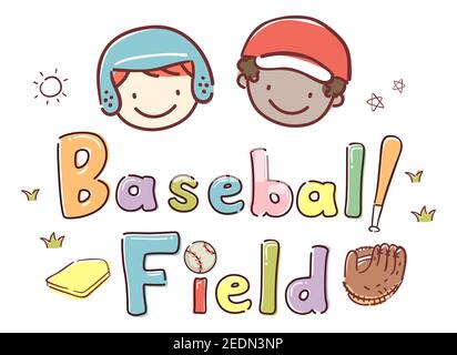 Illustration von Stickman Kids Boys und Baseball Feld Schriftzug mit Fledermaus, Base, Ball und Handschuhe Stockfoto