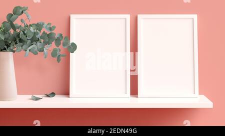Zwei vertikale Rahmen mockup auf dem Regal an der Wand lehnt, nordischen Stil in 3D Rendering. Modernes Wohndesign, leerer leerer Rahmen templat Stockfoto