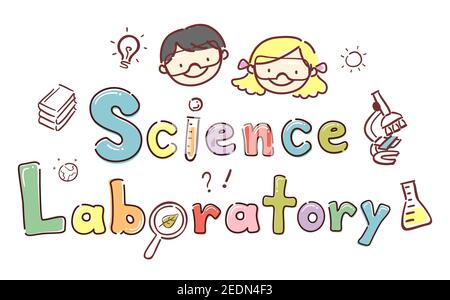 Illustration von Stickman Kinder tragen Goggles und lächeln mit Wissenschaft Laborschriftzug Stockfoto