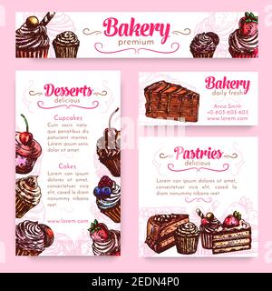 Backwaren und Gebäck Desserts Banner Schablone Set. Kuchen und Cupcake mit Sahne, Schokolade, Keks und Süßigkeiten, Fruchtdessert mit Erdbeere, Kirsche und BL Stock Vektor