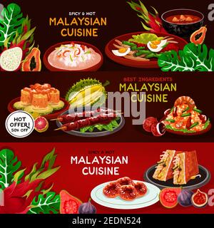 Malaysische Küche Restaurant Banner-Set. Risotto mit Meeresfrüchten, gegrilltes Hähnchen, Gemüsesalat, gebratener Reis mit Garnelen, gefüllter Tofu, Fischsalat, Papaya s Stock Vektor