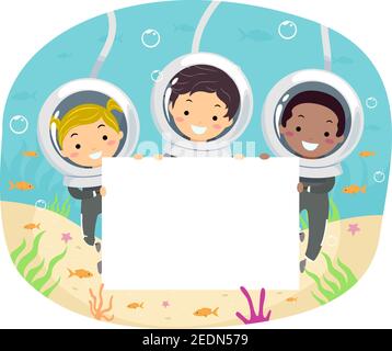 Illustration von Stickman Kinder tragen Diver Helm Unterwasser Tauchen und Halten einer leeren Platine Stockfoto