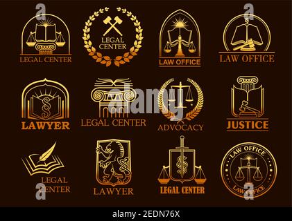 Juridische Vektor-Symbole der Rechtssymbole Gesetz Codebuch, Justiz Skalen oder Richter gavel, Lorbeerkranz und Spalte. Goldene Embleme für Anwalt, Gerichtsrecht Stock Vektor
