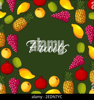 Obst Poster von Vektor Apfel oder Aprikose oder Pfirsich, exotische Mango und Ananas, Trauben, Kiwi und Granatapfel. Bauernmarkt und Garten reife Früchte ernten Stock Vektor