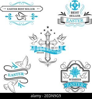 Ostern Verkauf Label Bänder und Rabatt-Icons Set von Kruzifix Kreuz, Tauben Vögel und verzierten Banner. Vector Urlaub Promo Shopping Tag Vorlagen mit gr Stock Vektor