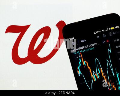 In dieser Abbildung die Börseninformationen von Walgreens Boots Alliance wird auf einem Smartphone angezeigt, während das Logo von Walgreens Boots Alliance wird als Hintergrund angezeigt Stockfoto