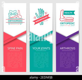 Banner-Vorlage für medizinische diagnostische Klinik. Orthopädie und Rheumatologie Gesundheitszentrum Symbole mit Hand, Fuß, Becken und Schultergelenke. Rückenschmerzen, Stock Vektor