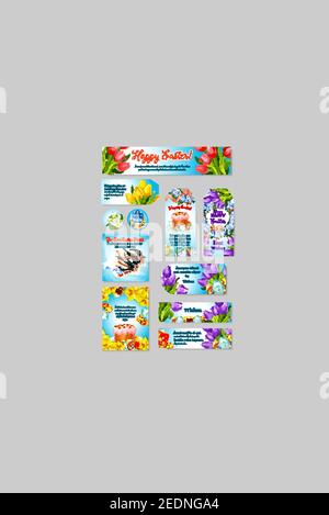 Ostern Grußkarten, Banner und Tags Set von Ostereiern und Kuchen, Frühlingsblumen oder Weidenkranz Bund und Schwalben. Frohe Ostern Vektor-Vorlage Stock Vektor