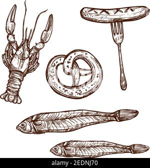 Bier Snacks und Vorspeisen Vektor-Icons Set von skizzierten Hummer oder Krabbe, Brezel Brötchen, Vektor-Skizze Symbole, getrockneten gesalzenen oder geräucherten Fisch und Wurst mea Stock Vektor
