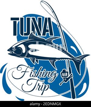 Symbol für den Thunfischfang. Atlantischer roter Thunfisch Fisch auf Angelrute mit Wasserspritzern Emblem für Angelsport, Fisherman Club, Seefischereitour und Stock Vektor