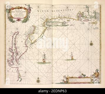 Pas caerte van Nieu Nederlandt en de Engelsche Virginies van Cabo Cod tot Cabo Canrick Stockfoto