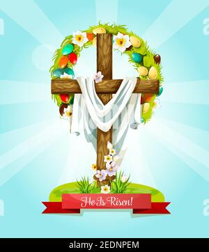 Ostersonntag Fastenkreuz, Er ist auferstanden Grußkarte. Holzkreuz mit blühenden Frühlingsblumen und Ostereierkranz mit Narzissen und Krokusblüte Stock Vektor