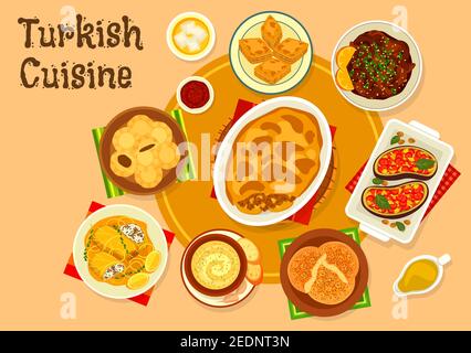 Türkische Küche Fleischgerichte mit Dessert-Ikone von Rindfleisch Auberginen Auflauf Moussaka, Fladenbrot mit Knoblauchnusssauce, Rindfleisch in Orangensauce, Gemüse-st Stock Vektor