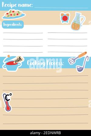 Rezept Karte Vorlage Vektor-Illustration in A5 Größe, vertikales Format. Bleiben Sie zu Hause Kinder Aktivität Hobby. Kinder Kochkurs oder Schulrezept. Verspielter Wagen Stock Vektor
